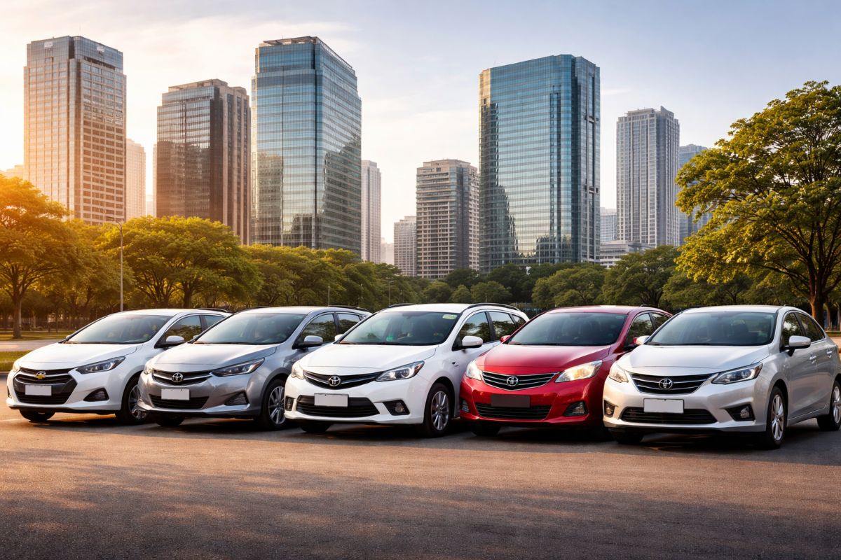 Carros para Uber que dão menos manutenção em 2026 estacionados em cenário urbano moderno