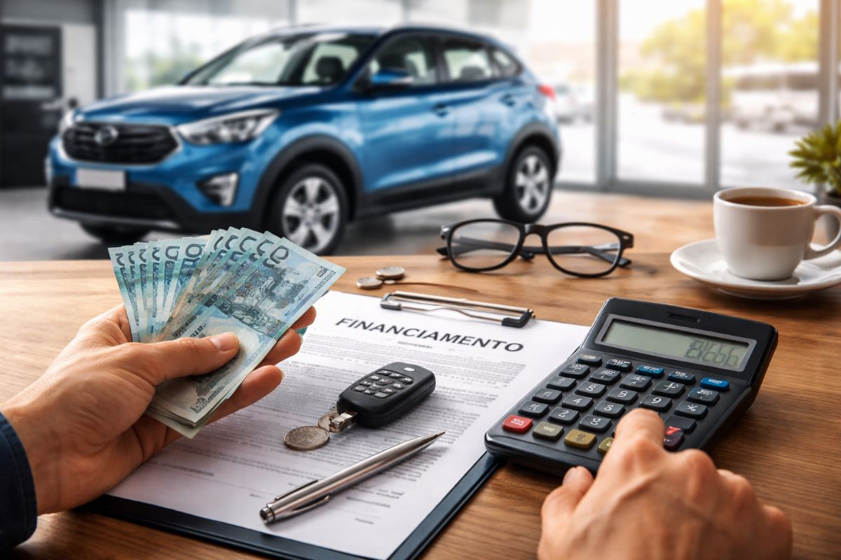 Pessoa calculando financiamento de carro com dinheiro, contrato e calculadora sobre a mesa, com um SUV ao fundo representando custos e taxas financeiras