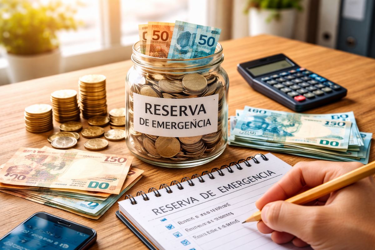 Reserva de emergência com dinheiro em espécie guardado em pote, moedas, notas e calculadora sobre a mesa representando organização financeira com salário mínimo