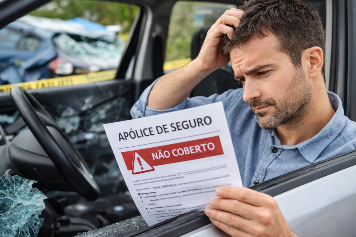 Homem analisando apólice de seguro após acidente de carro, com documento indicando não cobertura e veículo danificado ao fundo