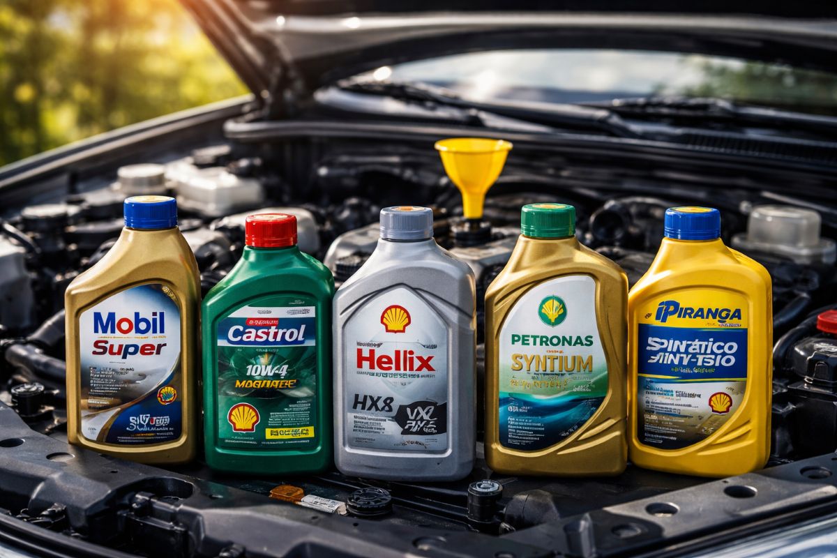 Óleos de motor sintéticos e semissintéticos de diferentes marcas posicionados em frente ao motor de um carro flex com capô aberto, representando opções para melhor desempenho e proteção do motor.