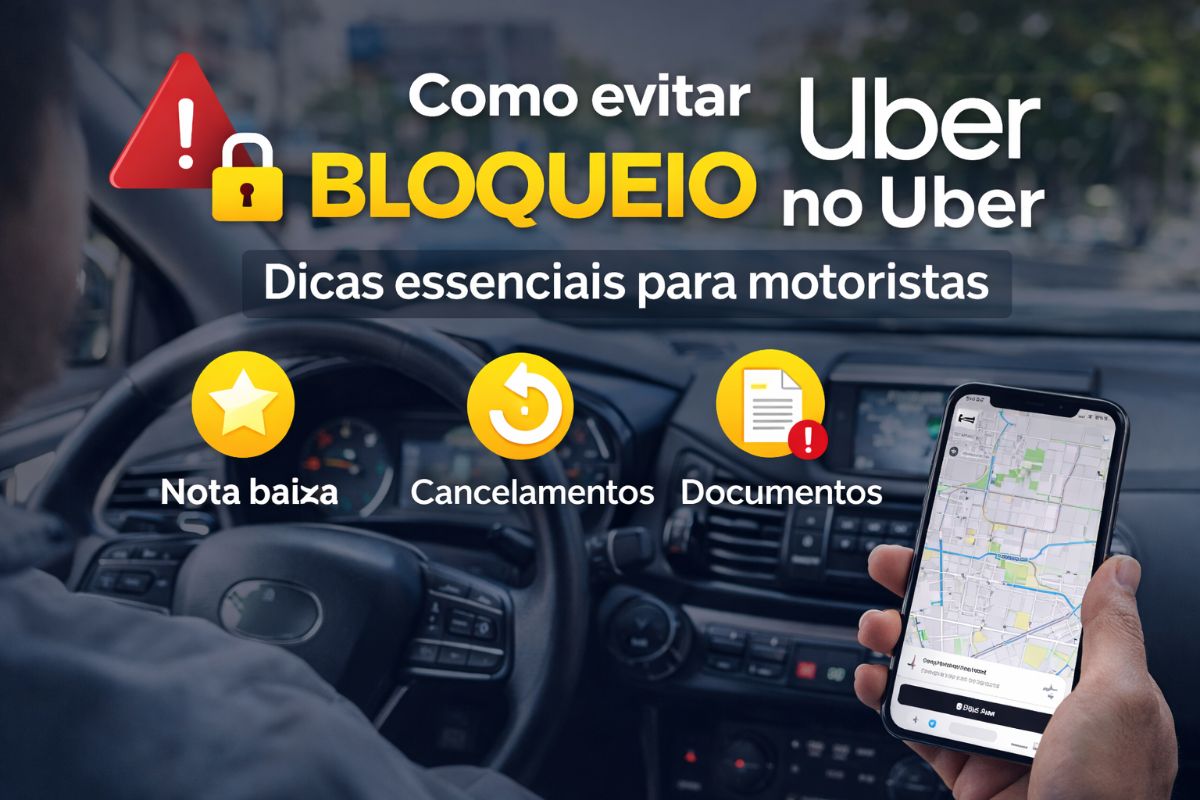 Motorista usando aplicativo de transporte no celular dentro do carro, com elementos visuais destacando bloqueio no Uber, incluindo alerta, nota baixa, cancelamentos e documentação.
