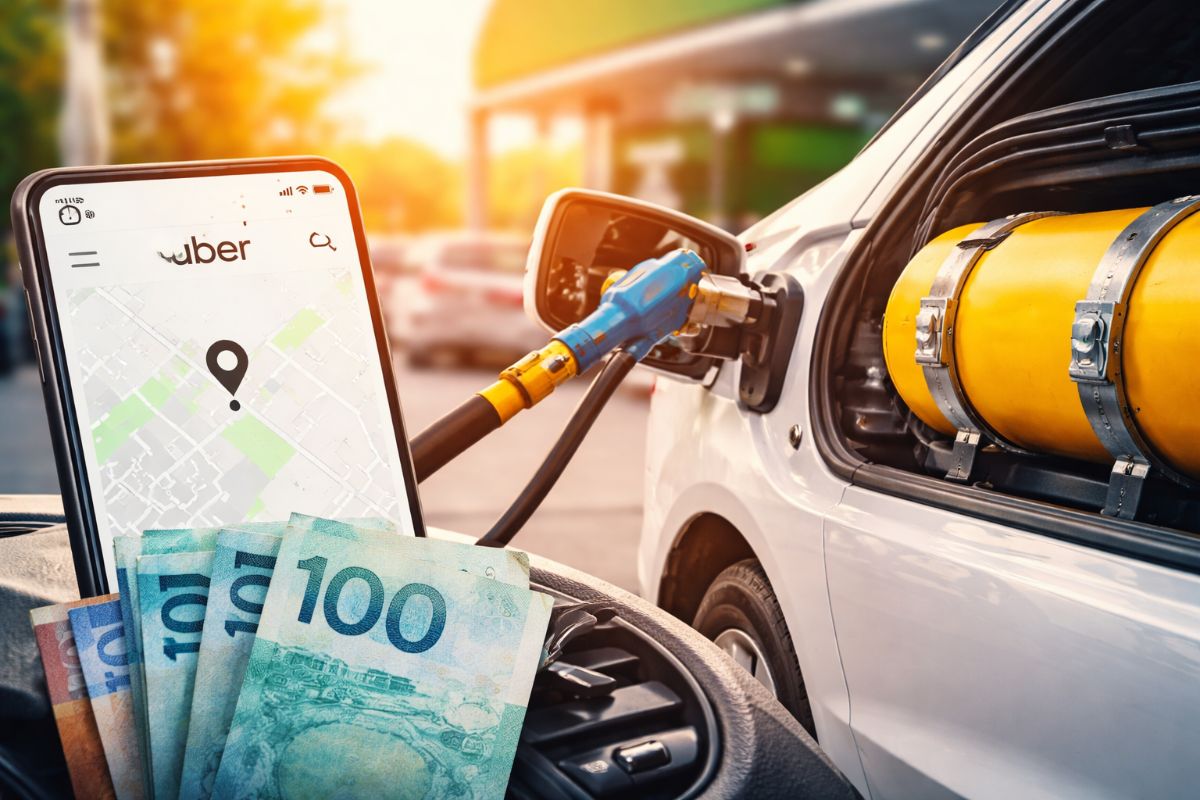carro abastecendo com GNV no Uber mostrando economia de combustível, cilindro de gás no porta-malas e dinheiro indicando lucro para motorista de aplicativo