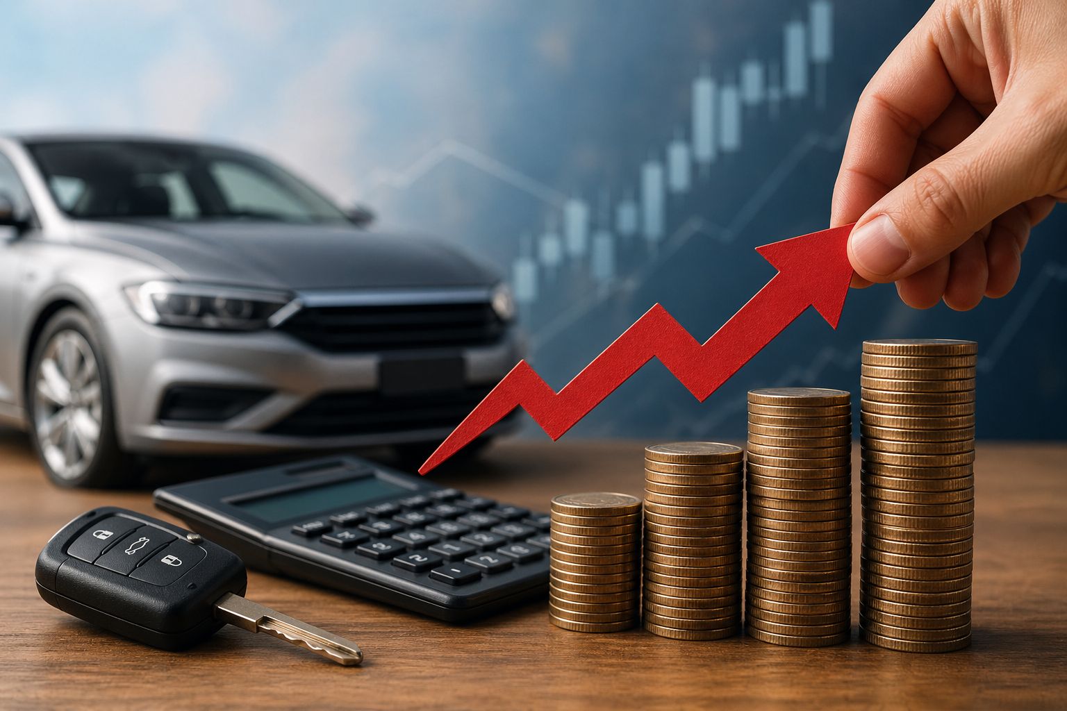 Alta dos juros no mercado automotivo representada por gráfico de crescimento, moedas empilhadas, chave de carro e calculadora, simbolizando aumento no custo de financiamento de veículos