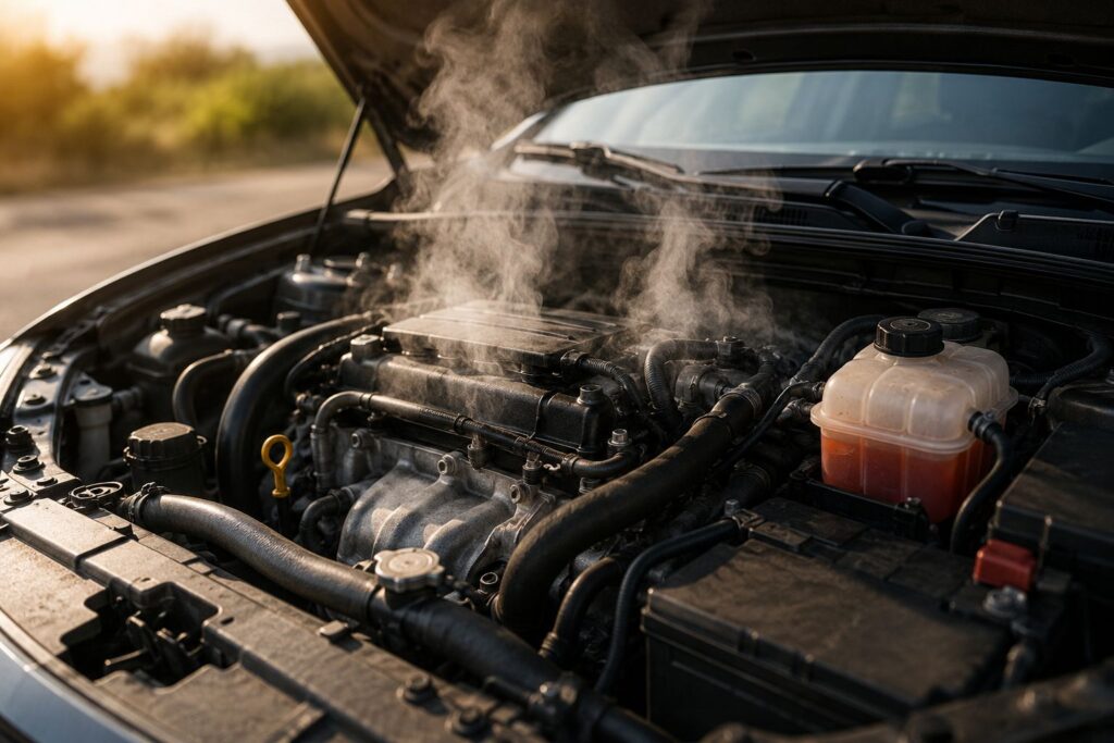 Motor de carro com superaquecimento e vapor saindo do sistema de arrefecimento, mostrando sinais de alta temperatura e risco de danos mecânicos.