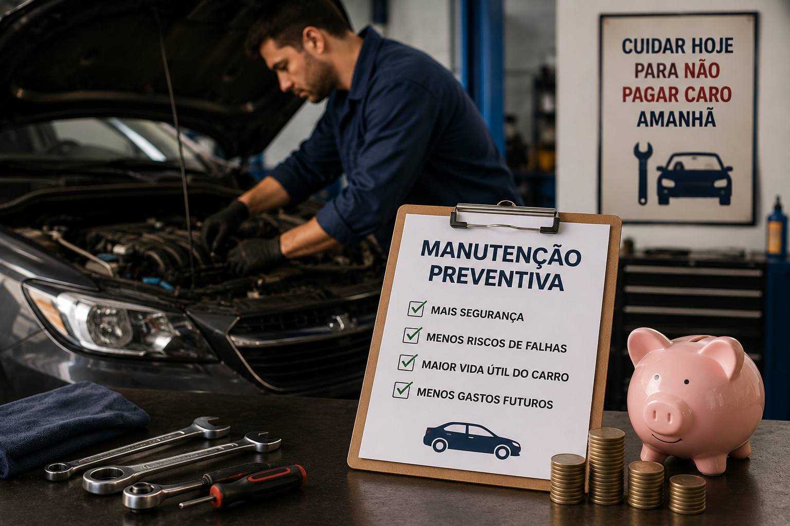 Mecânico realizando manutenção preventiva em carro para evitar gastos altos e problemas futuros.