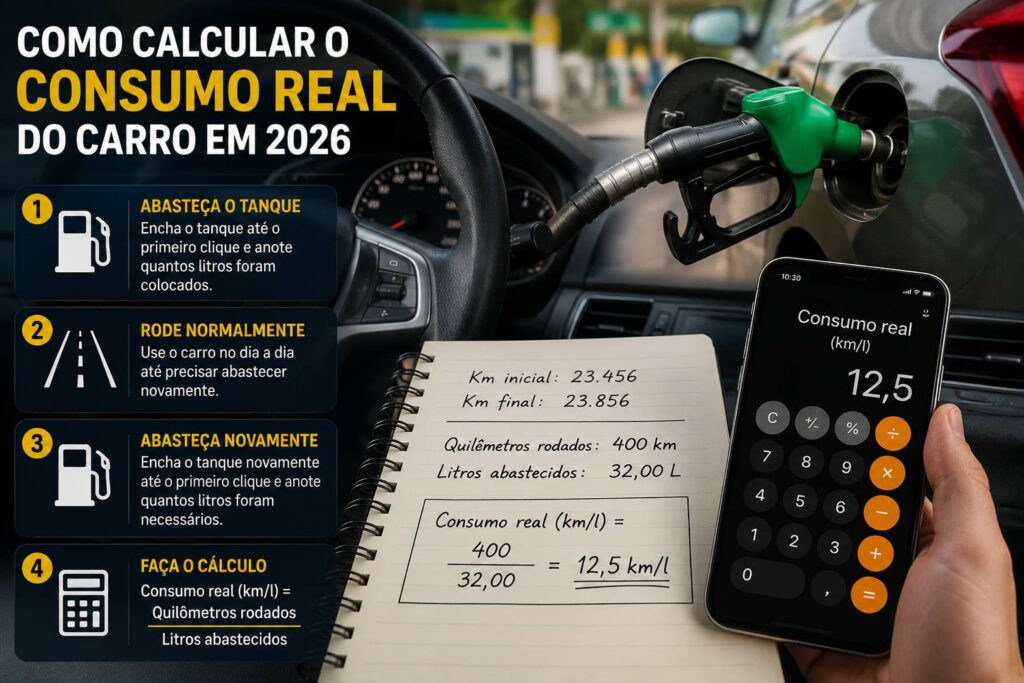 Cálculo do consumo real do carro com abastecimento, quilometragem e média de combustível.
