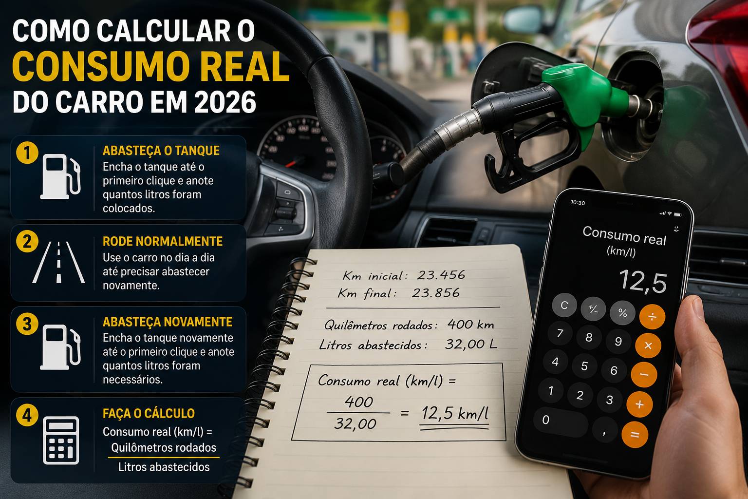 Cálculo do consumo real do carro com abastecimento, quilometragem e média de combustível.