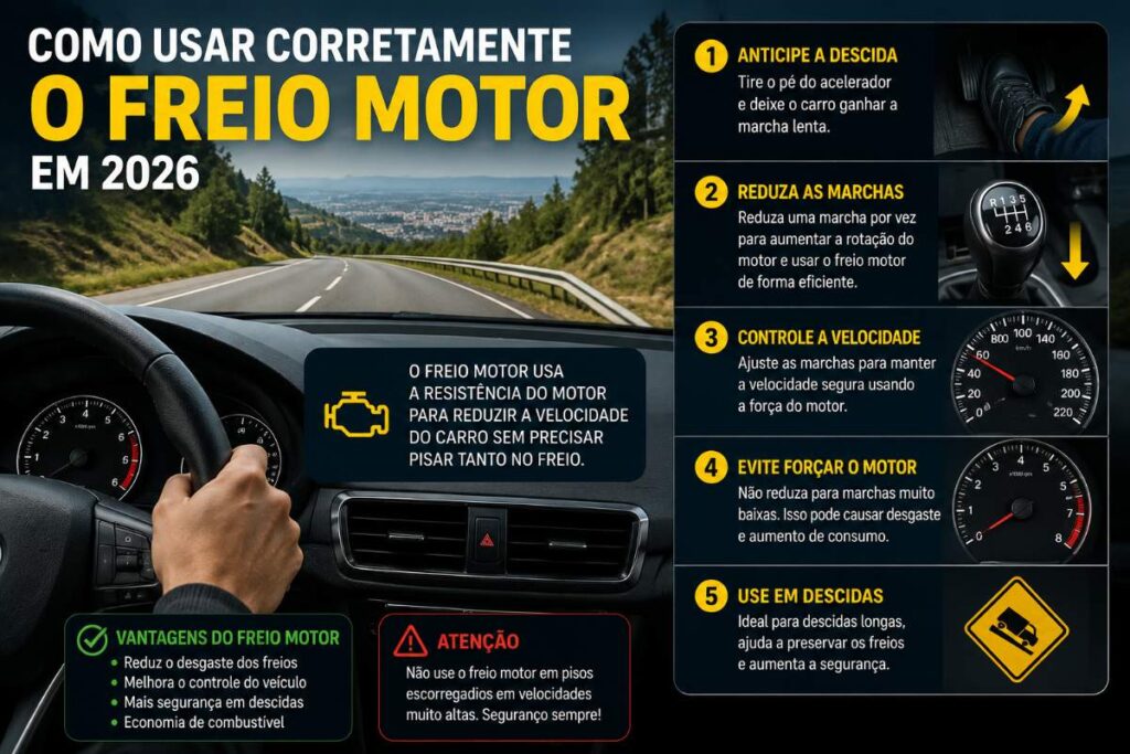 Motorista usando freio motor corretamente em descida para aumentar a segurança e reduzir desgaste dos freios.