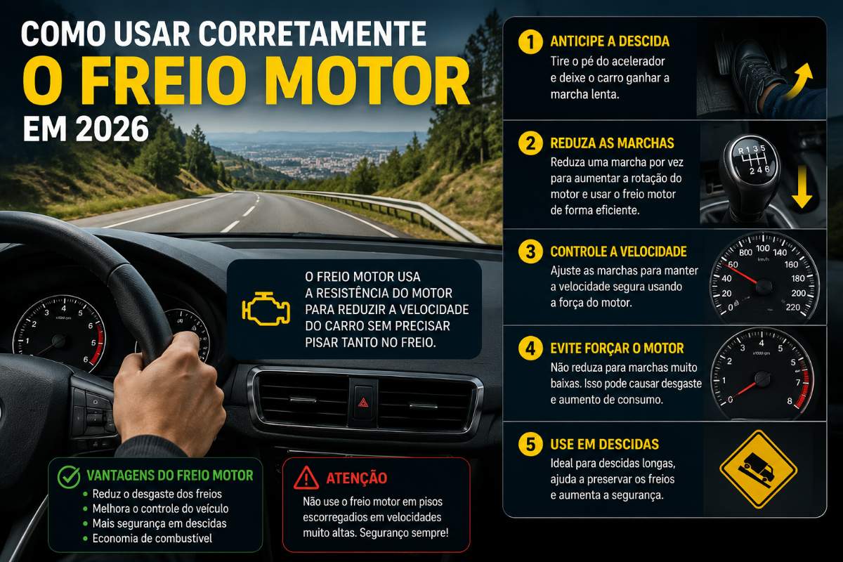 Motorista usando freio motor corretamente em descida para aumentar a segurança e reduzir desgaste dos freios.