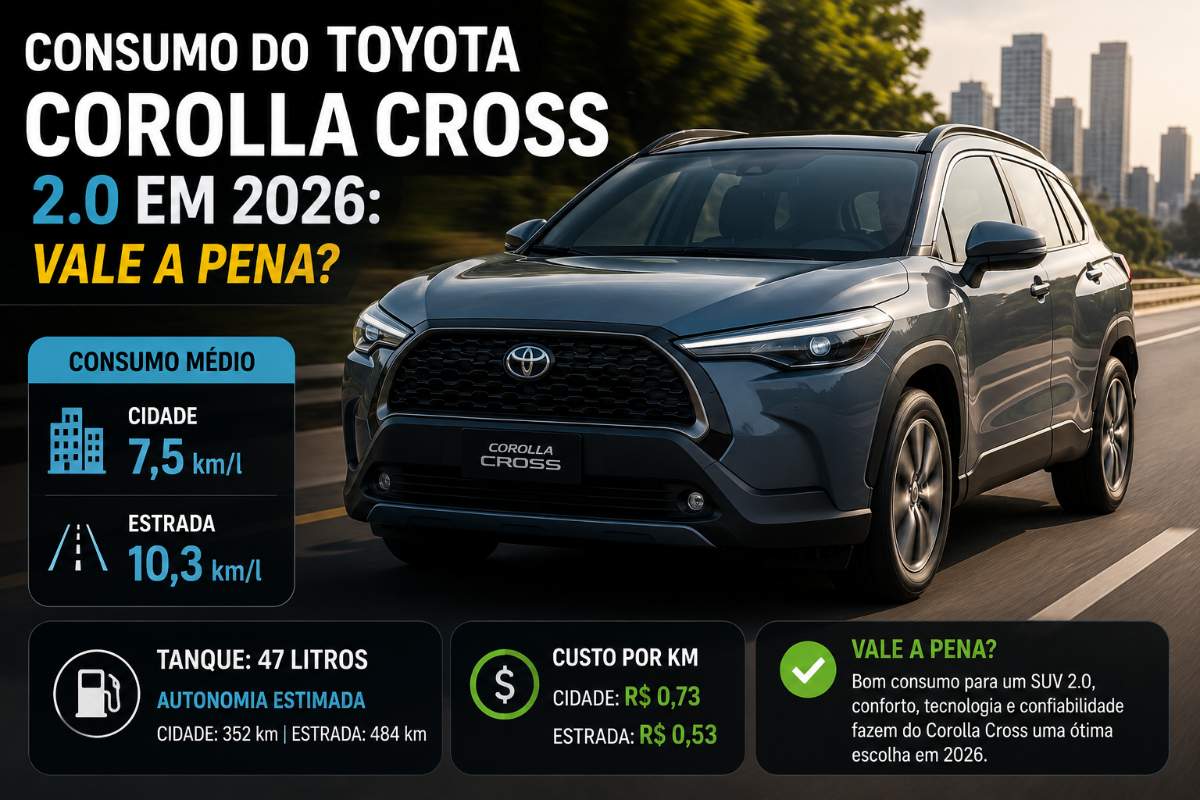 Toyota Corolla Cross 2.0 mostrando consumo médio na cidade e estrada em 2026.