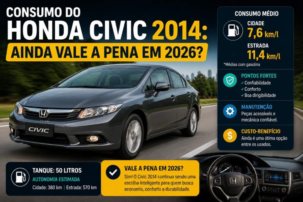 Honda Civic 2014 mostrando consumo médio e desempenho no dia a dia em 2026.