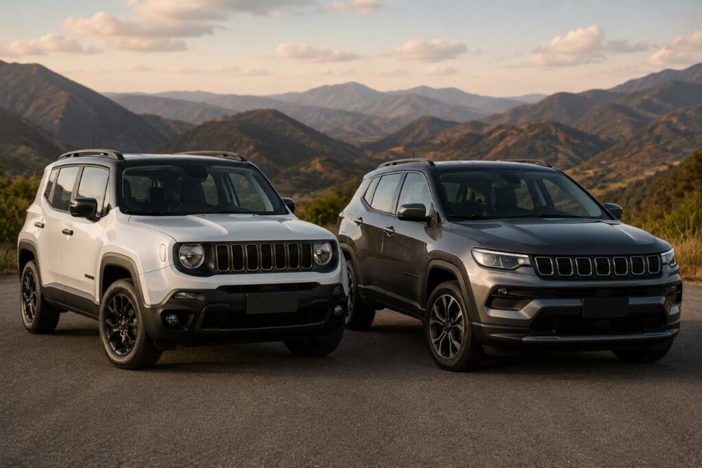 Jeep Renegade e Compass lado a lado comparando design e tamanho dos SUVs em 2026.