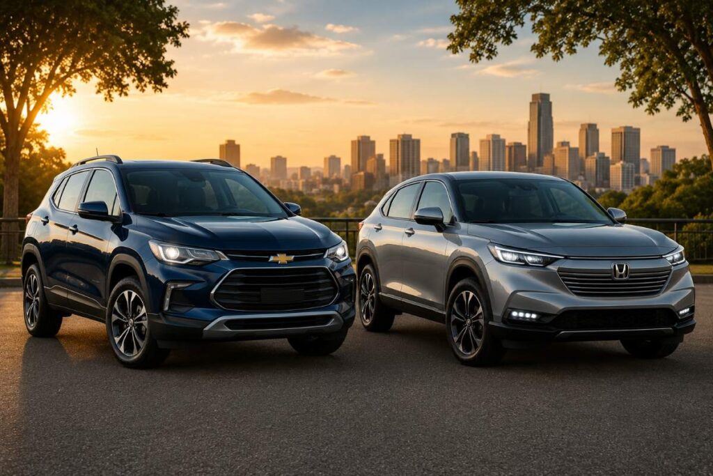 Chevrolet Tracker e Honda HR-V lado a lado comparando design e espaço dos SUVs em 2026.