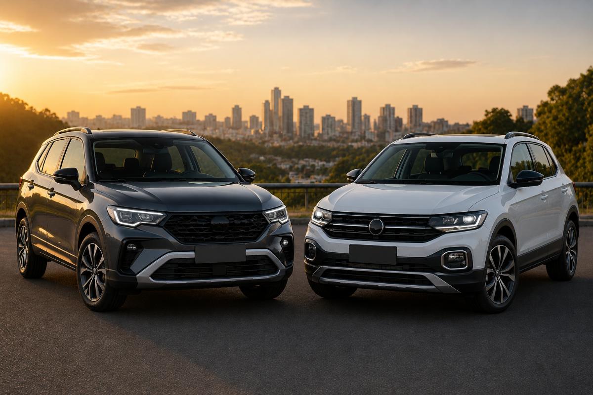 Hyundai Creta e Volkswagen T-Cross lado a lado comparando design e desempenho dos SUVs em 2026.